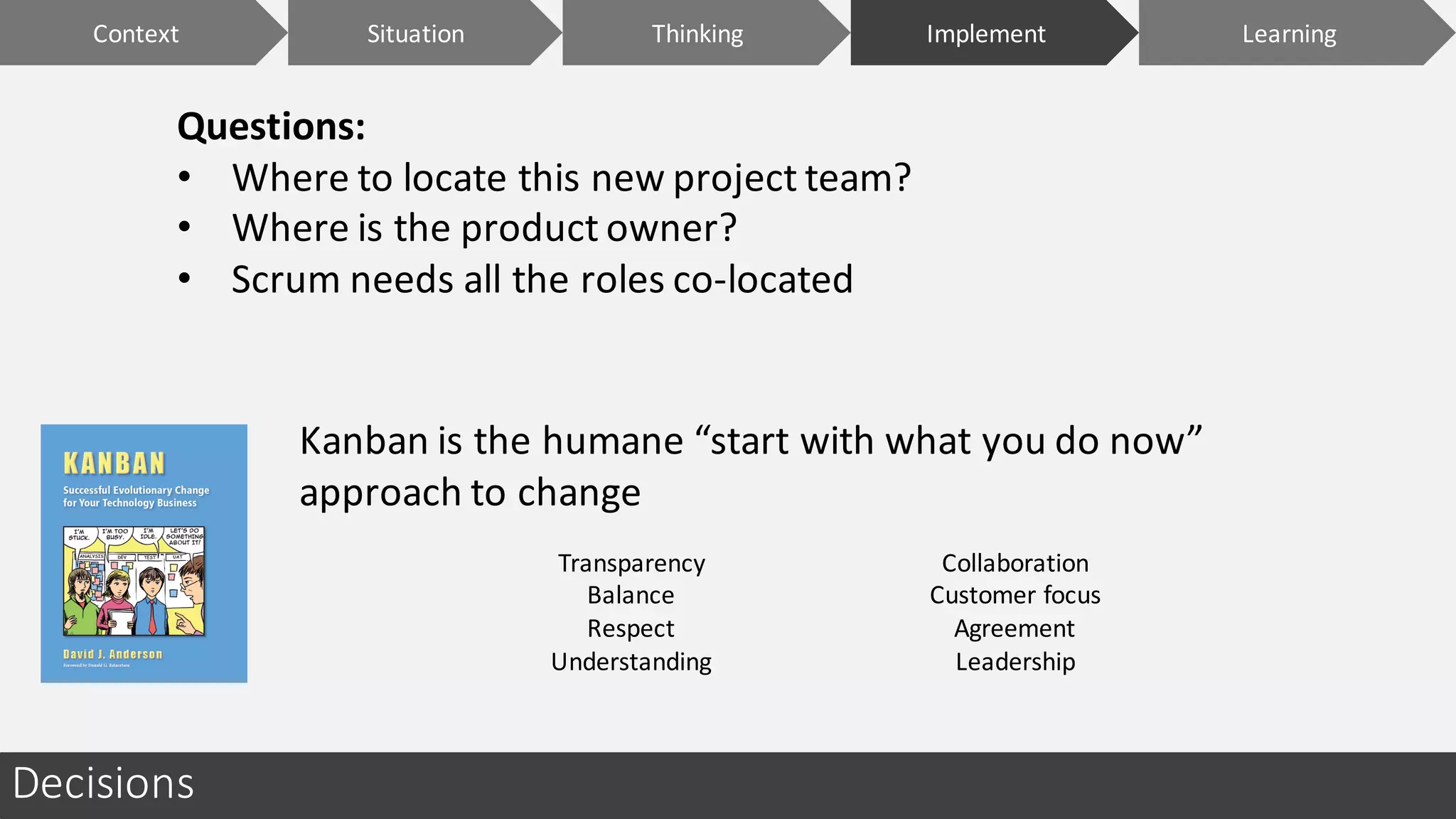 Context ImplementSituation LearningThinking
Questions:
• Where	to	locate	this	new	project	team?
• Where	is	the	product	owner?
• Scrum	needs	all	the	roles	co-located
Decisions
Kanban	is	the	humane	“start	with	what	you	do	now”	
approach	to	change
Transparency
Balance
Respect
Understanding
Collaboration
Customer	focus
Agreement
Leadership
 