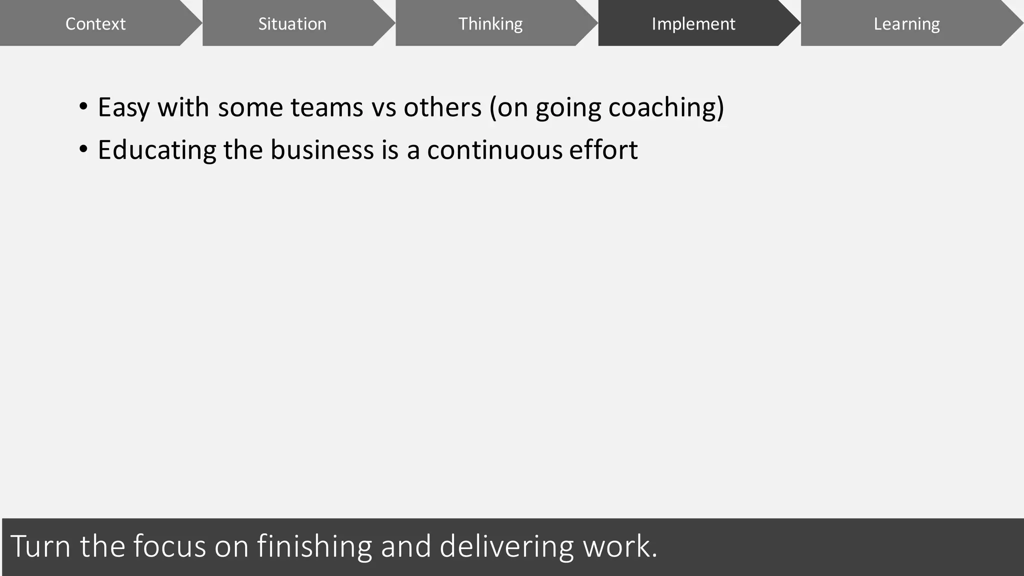Turn	the	focus	on	finishing	and	delivering	work.
• Easy	with	some	teams	vs	others	(on	going	coaching)
• Educating	the	business	is	a	continuous	effort
Context ImplementSituation LearningThinking
 