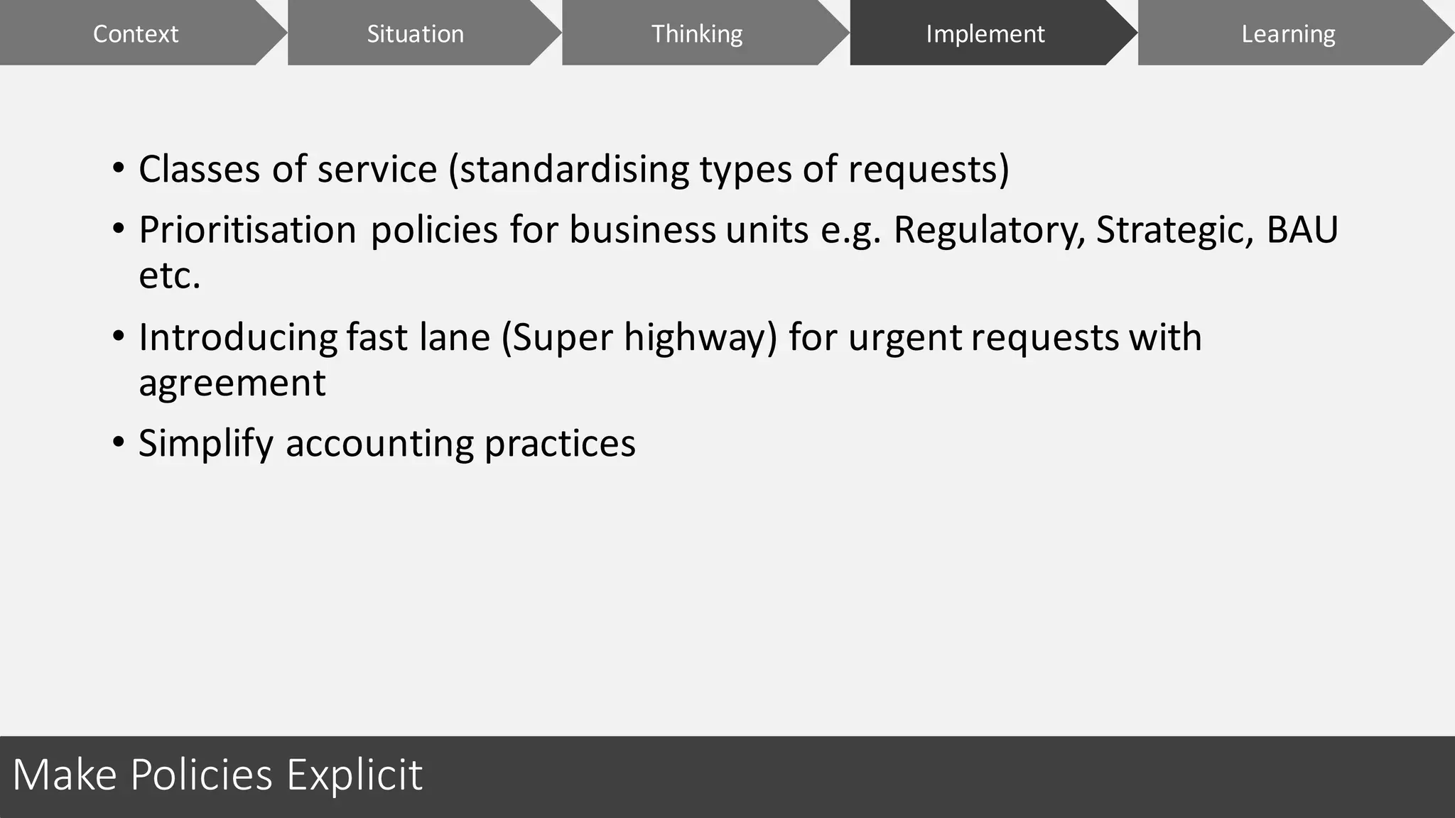 Make	Policies	Explicit
• Classes	of	service	(standardising	types	of	requests)
• Prioritisation	policies	for	business	units	e.g.	Regulatory,	Strategic,	BAU	
etc.
• Introducing	fast	lane	(Super	highway)	for	urgent	requests	with	
agreement
• Simplify	accounting	practices
Context ImplementSituation LearningThinking
 