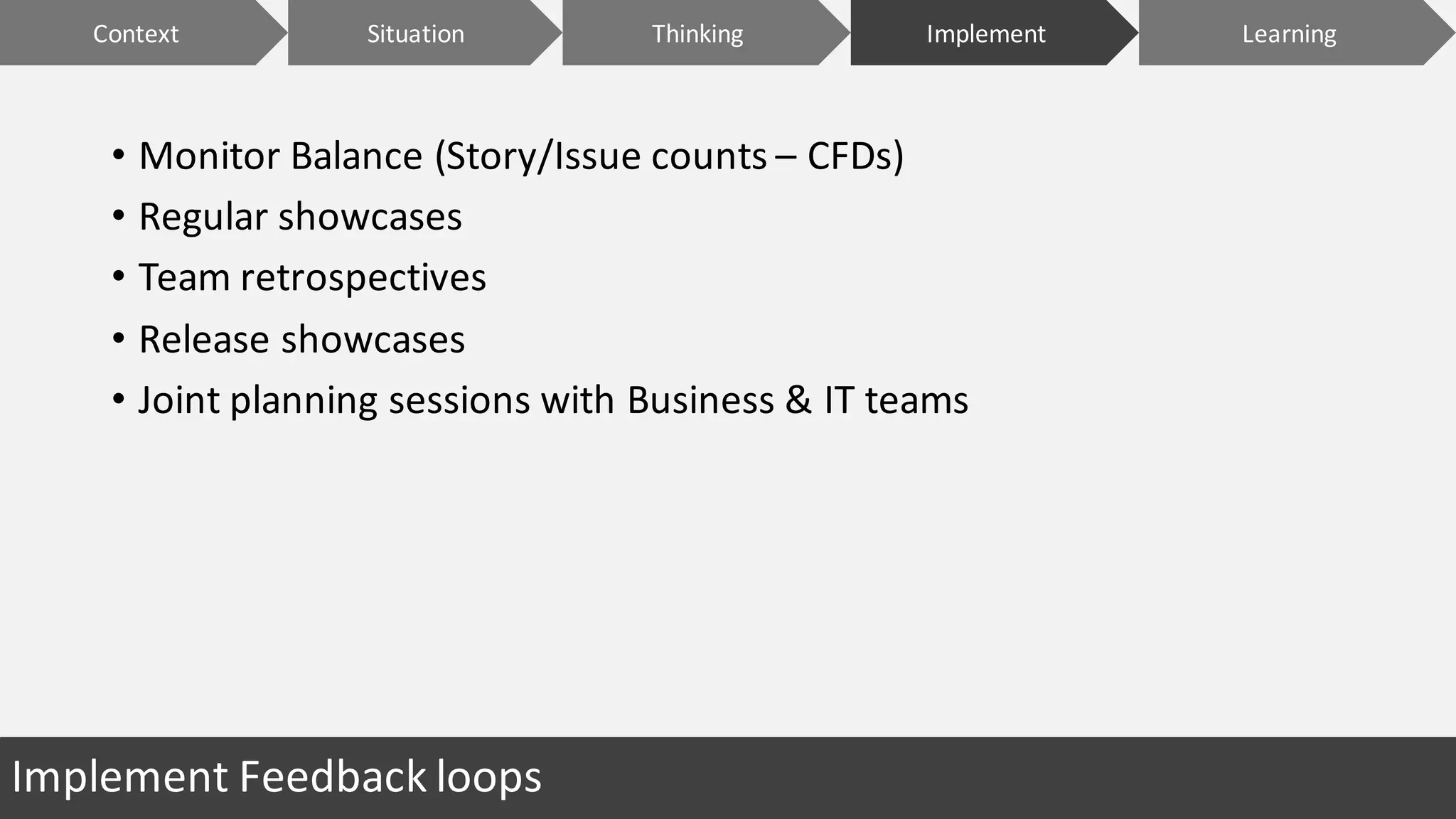 Implement	Feedback	loops
• Monitor	Balance	(Story/Issue	counts	– CFDs)
• Regular	showcases
• Team	retrospectives
• Release	showcases
• Joint	planning	sessions	with	Business	&	IT	teams
Context ImplementSituation LearningThinking
 