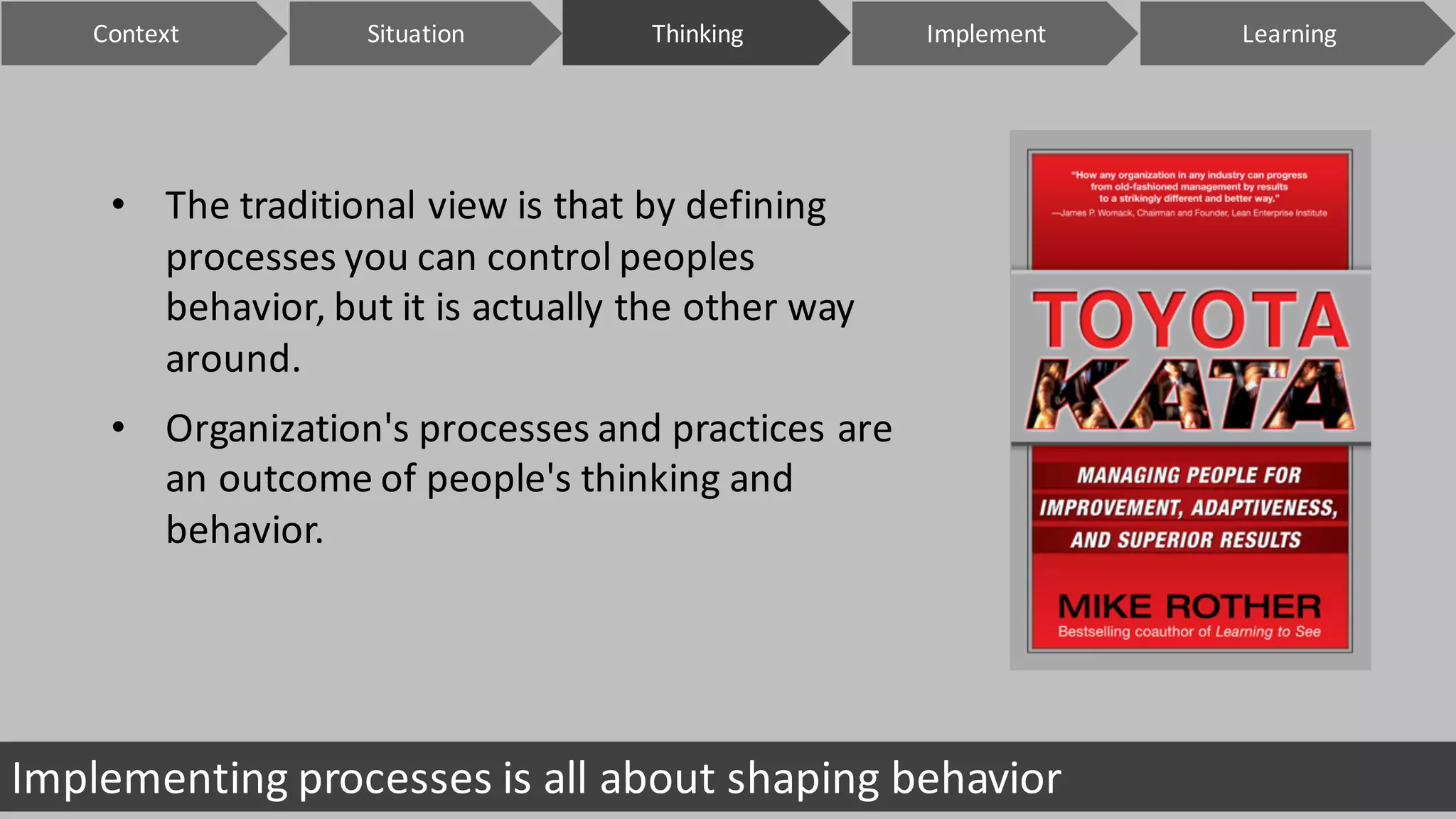 Implementing	processes	is	all	about	shaping	behavior
• The	traditional	view	is	that	by	defining	
processes	you	can	control	peoples	
behavior,	but	it	is	actually	the	other	way	
around.
• Organization's	processes	and	practices	are	
an	outcome	of	people's	thinking	and	
behavior.	
Context ImplementSituation LearningThinking
 