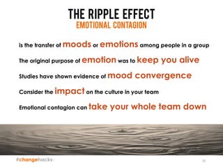 The ripple effect
Emotional contagion
is the transfer of moods or emotions among people in a group
The original purpose of emotion was to keep you alive
Studies have shown evidence of mood convergence
Consider the impact on the culture in your team
Emotional contagion can take your whole team down
28
 