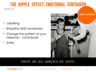  Labelling
 Empathy AND awareness
 Change the pattern of your
response - consciously
 Smile
Empathy and self awareness are critical
www.lenaross.com.au 30
INNOCULATION
The ripple effect: emotional contagion
#LASTconf
@LenaEmelyRoss
 