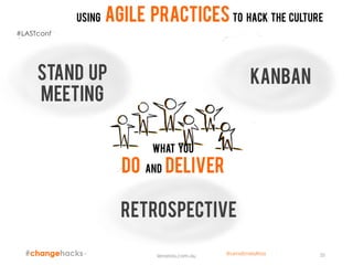 35
Using Agile practices to hack the culture
lenaross.com.au
What you
DO and deliver
Stand up
meeting
kanban
retrospective
#LASTconf
@LenaEmelyRoss
 