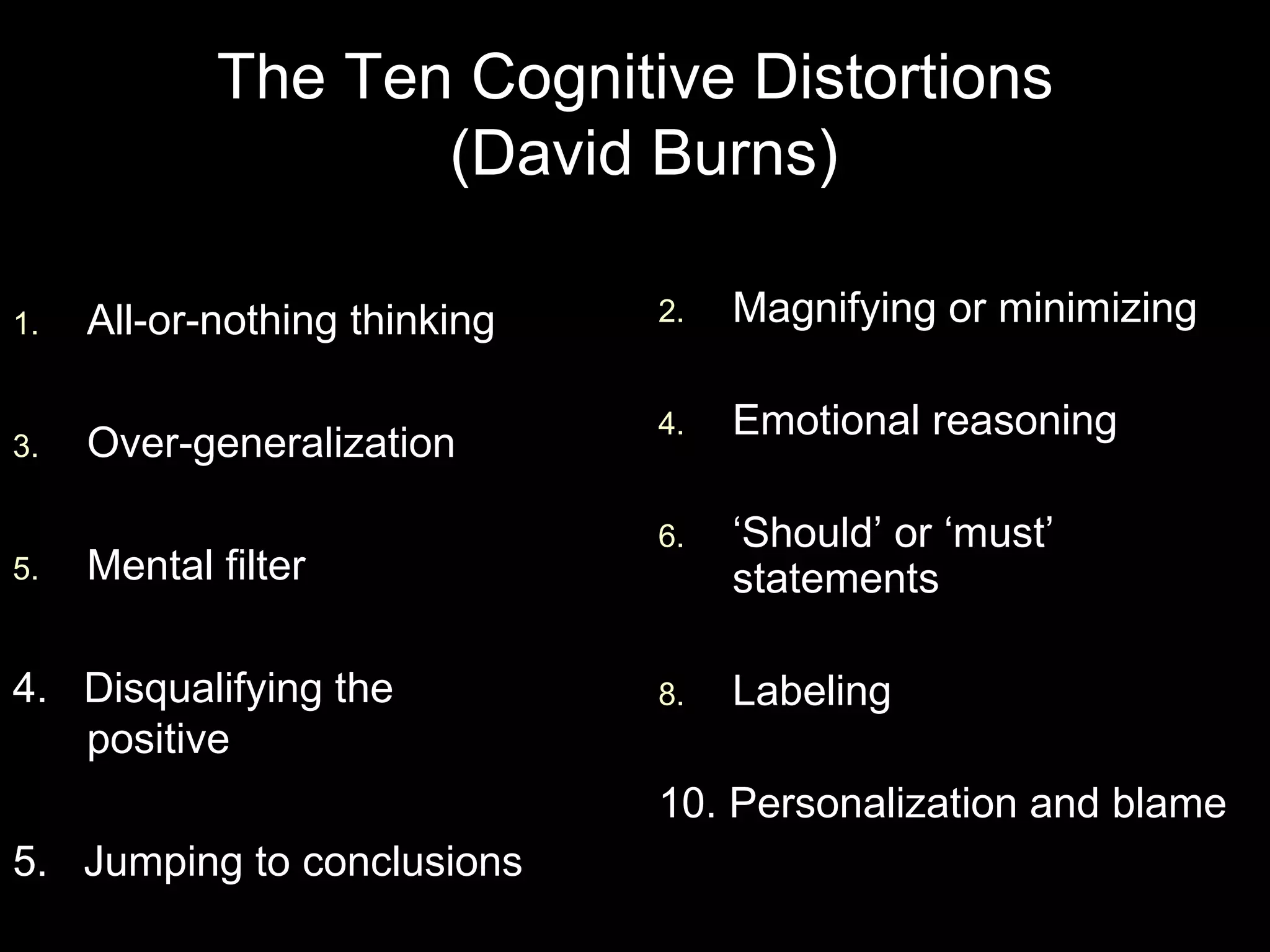 The Ten Cognitive Distortions
                   (David Burns)

1.   All-or-nothing thinking   2.   Magnifying or minimizing

                               4.   Emotional reasoning
3.   Over-generalization

                               6.   ‘Should’ or ‘must’
5.   Mental filter                  statements

4. Disqualifying the           8.   Labeling
   positive
                               10. Personalization and blame
5. Jumping to conclusions
 