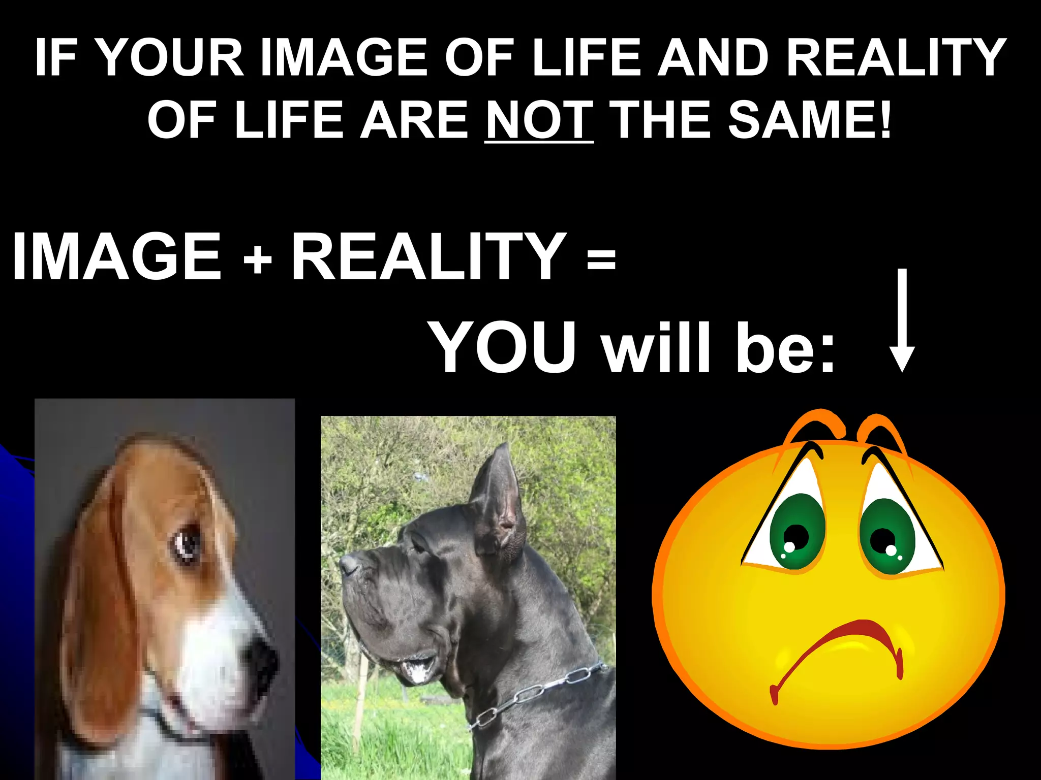 IF YOUR IMAGE OF LIFE AND REALITY
    OF LIFE ARE NOT THE SAME!

IMAGE + REALITY =
             YOU will be:
 