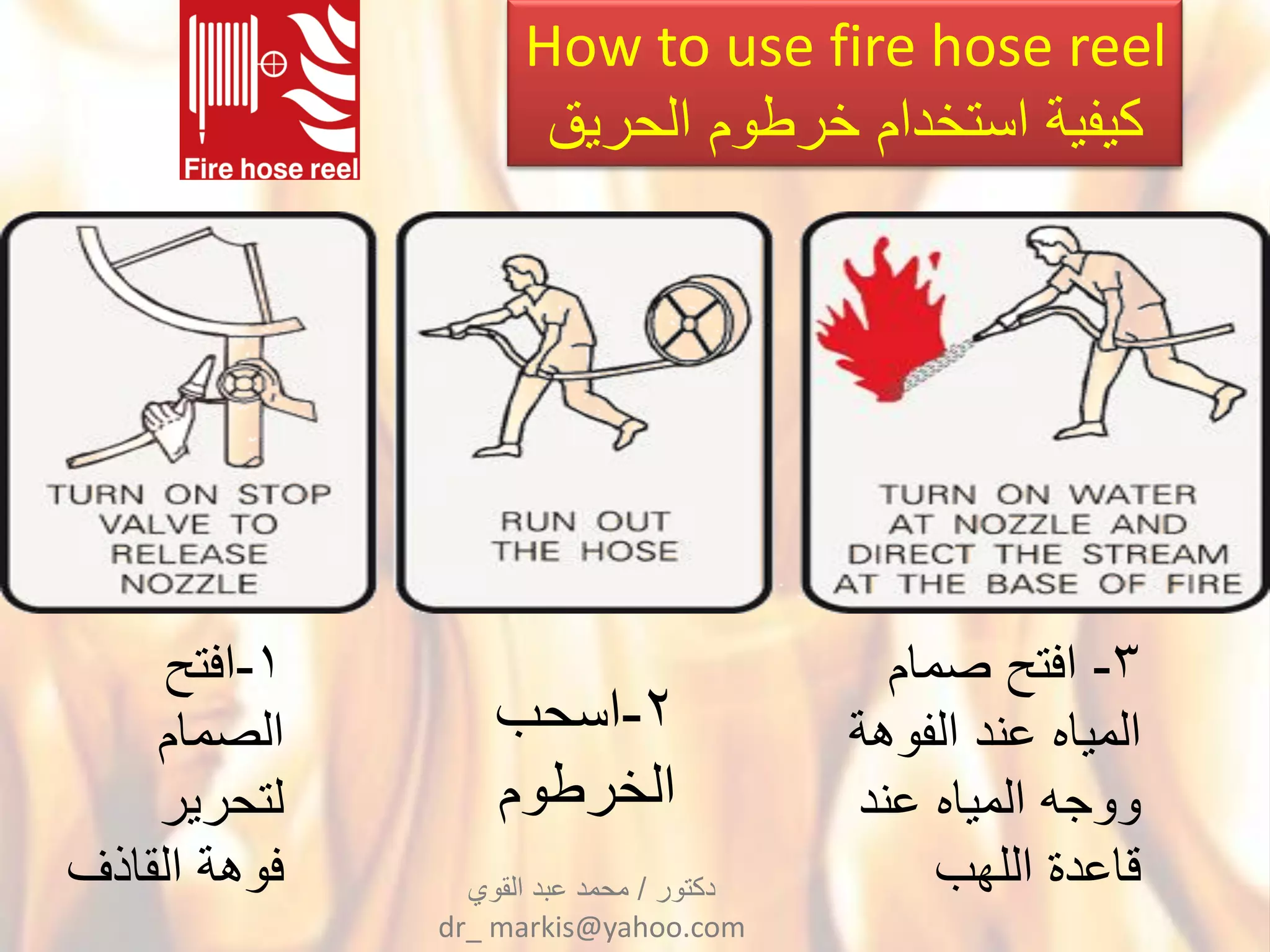 1-‫افتح‬
‫الصمام‬
‫لتحرٌر‬
‫القاذف‬ ‫فوهة‬
2-‫اسحب‬
‫الخرطوم‬
3-‫صمام‬ ‫افتح‬
‫الفوهة‬ ‫عند‬ ‫المٌاه‬
‫عند‬ ‫المٌاه‬ ‫ووجه‬
‫اللهب‬ ‫قاعدة‬
How to use fire hose reel
‫الحرٌق‬ ‫خرطوم‬ ‫استخدام‬ ‫كٌفٌة‬
‫دكتور‬/‫القوي‬ ‫عبد‬ ‫محمد‬
dr_ markis@yahoo.com
 