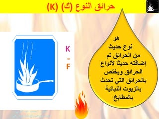 ْ‫حرائقْالنوع‬(‫ك‬(ْ)(K
ْْْْْْْ‫هو‬
ْْْْ‫نوعْحدٌث‬
ْ‫منْالحرائقْتم‬
ْ‫إضافتهْحدٌثاْْلنواع‬
ْ‫الحرائقْوٌختص‬
ْ‫بالحرائقْالتًْتحدث‬
‫بالزٌوتْالنباتٌة‬ْْ
‫بالمطابخ‬
K
Or
F
 