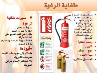 ْ‫ٌستعمـــــل‬ْ‫هذاْالنــــوع‬
ْ‫منْالطفـاٌاتْإلخمـاد‬
ْ‫الحــرائقْالناجمـــــــة‬
ْ‫عنْالسوائلْالقابلة‬
ْ‫لالشتـعالْ،ْوكذلك‬
ْ‫حرائقْالموادْالصلبة‬
ْ‫وتستــــخدمْالرؼـــوة‬
ْ‫فًْحماٌةْالمنشآت‬
ْ‫البترولٌة‬.
ْ‫وصؾْالطفاٌة‬ْْ:
ْ‫اللون‬:
–ْْْ.
ْ‫مبدأْاإلطفاء‬:
ْ‫الخنـــــق‬–‫التبرٌد‬
ْْْ‫ممٌزاتْطفاٌة‬
ْْْ‫الرؼوة‬
ْْ‫سهلة‬ْ‫االستعمال‬ْْ.
ْ‫مقاومة‬ْ‫للحرارة‬‫العالٌة‬
ْ‫قادرة‬ْ‫علىْالتمددْالسرٌعْعلى‬
ْ‫المادةْالمحترقة‬
ْ‫تختلط‬ْ‫بسهولةْمعْالماء‬ْ‫والْتمتزج‬
‫بالوقودْالمحترق‬
ْْْ‫قٌودها‬:
ْ‫تحتاج‬ْ‫إلىْحماٌةْضدْالتجمد‬
‫موصلةْللكهرباء‬
ْ‫الْتستخدمْإلطفاءْحرائق‬
‫الكهرباء‬
 