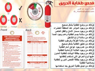 ‫تؤكدْمنْوضعْالطفاٌةْبشكلْصحٌح‬
‫تؤكدْمنْوجودْالمإشرْعندْالمنطقةْالخضراء‬
‫تؤكدْمنْوجودْمسمارْاْلمانْوالقفلْالخاص‬
ْ‫تؤكدْمنْسالمةْجسمْالطفاٌةْوعدمْوجودْالصدأ‬
‫تؤكدْمنْسالمةْذراعْالتشؽٌل‬
‫تؤكدْمنْسالمةْالفوهةْوخرطومْالطفاٌة‬
ْ‫تؤكدْمنْتعلٌقْالطفاٌةْبشكلْصحٌح‬
ْ‫تؤكدْمنْعدمْوجودْعوائقْأمامْالطفاٌة‬
‫تؤكدْمنْوجودْالعالمةْاإلرشادٌةْللطفاٌة‬
ْ‫تؤكدْمنْوجودْبطاقةْالبٌاناتْللطفاٌةْالمدون‬
‫علٌهاْنوعْالحرائقْالتًْتستخدمْإلطفائها‬
ْ‫تؤكدْمنْوجودْبطاقةْالفحصْالدوريْللطفاٌة‬
ْ‫وصالحٌةْالطفاٌة‬
‫تؤكدْمنْتبدٌلْطفاٌةْالحرٌقْبعدْاستخدامها‬
‫دكتور‬/‫القوي‬ ‫عبد‬ ‫محمد‬
dr_ markis@yahoo.com
 