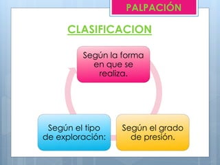 CLASIFICACION
Según la forma
en que se
realiza.
Según el grado
de presión.
Según el tipo
de exploración:
PALPACIÓN
 