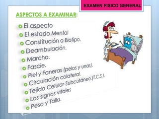 ASPECTOS A EXAMINAR:
EXAMEN FISICO GENERAL
 