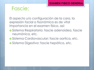 Fascie:
El aspecto y/o configuración de la cara, la
expresión facial o fisonómica es de vital
importancia en el examen físico, así:
 Sistema Respiratorio: fascie adenoidea, fascie
neumónica, etc.
 Sistema Cardiovascular: fascie aortica, etc.
 Sistema Digestivo: fascie hepática, etc.
EXAMEN FISICO GENERAL
 