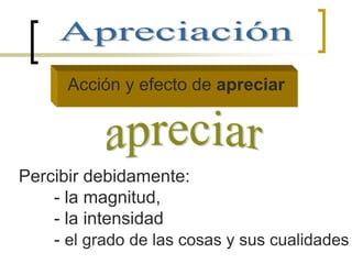 Acción y efecto de apreciar
Percibir debidamente:
- la magnitud,
- la intensidad
- el grado de las cosas y sus cualidades
 