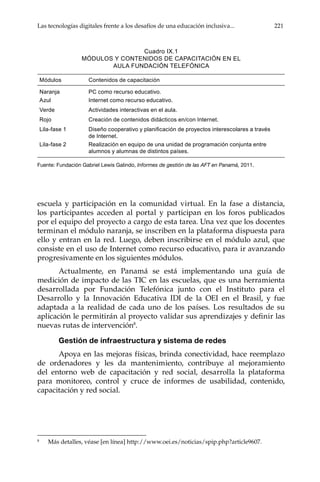 Las tecnologías digitales frente a los desafíos de una educación inclusiva...	 221
escuela y participación en la comunidad virtual. En la fase a distancia,
los participantes acceden al portal y participan en los foros publicados
por el equipo del proyecto a cargo de esta tarea. Una vez que los docentes
terminan el módulo naranja, se inscriben en la plataforma dispuesta para
ello y entran en la red. Luego, deben inscribirse en el módulo azul, que
consiste en el uso de Internet como recurso educativo, para ir avanzando
progresivamente en los siguientes módulos.
Actualmente, en Panamá se está implementando una guía de
medición de impacto de las TIC en las escuelas, que es una herramienta
desarrollada por Fundación Telefónica junto con el Instituto para el
Desarrollo y la Innovación Educativa IDI de la OEI en el Brasil, y fue
adaptada a la realidad de cada uno de los países. Los resultados de su
aplicación le permitirán al proyecto validar sus aprendizajes y definir las
nuevas rutas de intervención8
.
Gestión de infraestructura y sistema de redes
Apoya en las mejoras físicas, brinda conectividad, hace reemplazo
de ordenadores y les da mantenimiento, contribuye al mejoramiento
del entorno web de capacitación y red social, desarrolla la plataforma
para monitoreo, control y cruce de informes de usabilidad, contenido,
capacitación y red social.
8	
Más detalles, véase [en línea] http://www.oei.es/noticias/spip.php?article9607.
Módulos Contenidos de capacitación
Naranja PC como recurso educativo.
Azul Internet como recurso educativo.
Verde Actividades interactivas en el aula.
Rojo Creación de contenidos didácticos en/con Internet.
Lila-fase 1 Diseño cooperativo y planificación de proyectos interescolares a través
de Internet.
Lila-fase 2 Realización en equipo de una unidad de programación conjunta entre
alumnos y alumnas de distintos países.
Cuadro IX.1
MÓDULOS Y CONTENIDOS DE CAPACITACIÓN EN EL
AULA FUNDACIÓN TELEFÓNICA
Fuente: Fundación Gabriel Lewis Galindo, Informes de gestión de las AFT en Panamá, 2011.
 