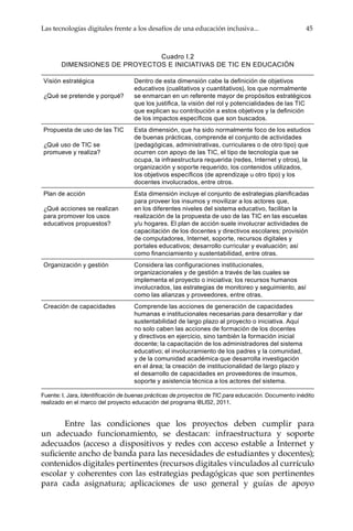 Las tecnologías digitales frente a los desafíos de una educación inclusiva...	 45
Entre las condiciones que los proyectos deben cumplir para
un adecuado funcionamiento, se destacan: infraestructura y soporte
adecuados (acceso a dispositivos y redes con acceso estable a Internet y
suficiente ancho de banda para las necesidades de estudiantes y docentes);
contenidos digitales pertinentes (recursos digitales vinculados al currículo
escolar y coherentes con las estrategias pedagógicas que son pertinentes
para cada asignatura; aplicaciones de uso general y guías de apoyo
Cuadro I.2
DIMENSIONES DE PROYECTOS E INICIATIVAS DE TIC EN EDUCACIÓN
Visión estratégica
¿Qué se pretende y porqué?
Dentro de esta dimensión cabe la definición de objetivos
educativos (cualitativos y cuantitativos), los que normalmente
se enmarcan en un referente mayor de propósitos estratégicos
que los justifica, la visión del rol y potencialidades de las TIC
que explican su contribución a estos objetivos y la definición
de los impactos específicos que son buscados.
Propuesta de uso de las TIC
¿Qué uso de TIC se
promueve y realiza?
Esta dimensión, que ha sido normalmente foco de los estudios
de buenas prácticas, comprende el conjunto de actividades
(pedagógicas, administrativas, curriculares o de otro tipo) que
ocurren con apoyo de las TIC, el tipo de tecnología que se
ocupa, la infraestructura requerida (redes, Internet y otros), la
organización y soporte requerido, los contenidos utilizados,
los objetivos específicos (de aprendizaje u otro tipo) y los
docentes involucrados, entre otros.
Plan de acción
¿Qué acciones se realizan
para promover los usos
educativos propuestos?
Esta dimensión incluye el conjunto de estrategias planificadas
para proveer los insumos y movilizar a los actores que,
en los diferentes niveles del sistema educativo, facilitan la
realización de la propuesta de uso de las TIC en las escuelas
y/u hogares. El plan de acción suele involucrar actividades de
capacitación de los docentes y directivos escolares; provisión
de computadores, Internet, soporte, recursos digitales y
portales educativos; desarrollo curricular y evaluación; así
como financiamiento y sustentabilidad, entre otras.
Organización y gestión Considera las configuraciones institucionales,
organizacionales y de gestión a través de las cuales se
implementa el proyecto o iniciativa; los recursos humanos
involucrados, las estrategias de monitoreo y seguimiento, así
como las alianzas y proveedores, entre otras.
Creación de capacidades Comprende las acciones de generación de capacidades
humanas e institucionales necesarias para desarrollar y dar
sustentabilidad de largo plazo al proyecto o iniciativa. Aquí
no solo caben las acciones de formación de los docentes
y directivos en ejercicio, sino también la formación inicial
docente; la capacitación de los administradores del sistema
educativo; el involucramiento de los padres y la comunidad,
y de la comunidad académica que desarrolla investigación
en el área; la creación de institucionalidad de largo plazo y
el desarrollo de capacidades en proveedores de insumos,
soporte y asistencia técnica a los actores del sistema.
Fuente: I. Jara, Identificación de buenas prácticas de proyectos de TIC para educación. Documento inédito
realizado en el marco del proyecto educación del programa @LIS2, 2011.
 