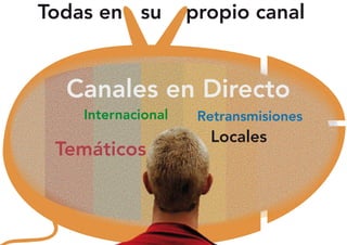Todas en su         propio canal


  Canales en Directo
    Internacional    Retransmisiones
                      Locales
 Temáticos
 