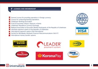 LICENSES AND MEMBERSHIP
General License for providing opera ons in foreign currency
License for conduc ng banking opera ons.
Uzbekistan Banking Associa on
Fund of Guarantee Ci zens‘ Deposits in Banks
Uzbekistan Republican Currency Exchange
Na onal Associa on of Securi es Market Par cipants of the Republic of Uzbekistan
Interbank payment system of the Republic of Uzbekistan
Interna onal payment system VISA Interna onal
Society for Worldwide Interbank Financial Telecommunica ons S.W.I.F.T.
Interna onal money transfer systems
2
Growth Together
 