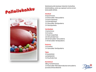 Keilailukutsuilla tarjotaan tietenkin herkullista keilailukakkua, josta saa sopivasti voimia ennen keilaradalle lähtöä. Ainekset4 kananmunaa2 dl Dansukker Taloussokeria1 dl perunajauhoja1 dl vehnäjauhoja2 tl Dansukker Vaniljasokeria2 tl leivinjauhettaVaniljatäyte1 kananmuna2 dl maitoa1 rkl perunajauhoja1/2 dl kuohukermaa3/4 dl Dansukker Tomusokeria1 rkl DansukkerVaniljasokeriaKostutus2 dl maitoa1 tl Dansukker VaniljasokeriaTäyte4 liivatelehteävaniljatäytettä3 dl kuohukermaaKoristeluun300 g mantelimassaa2 dl Dansukker Mansikanmakuista tomusokeriapunaista elintarvikeväriäPalloilukakku