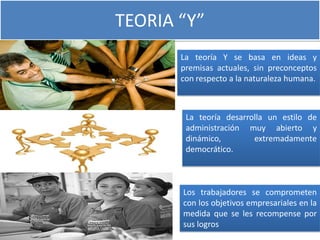 TEORIA “X”El individuo típico evitará cualquier responsabilidad, tiene poca ambición y quiere seguridad por encima de todo, por ello es necesario que lo dirijan. 