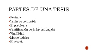 Portada
Tabla de contenido
El problema
Justificación de la investigación
Viabilidad
Marco teórico
Hipótesis
 
