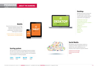 PENSIONS                           ABOUT THE RANKING
©        DIGITAL BENCHMARK



                                                                                                                                          Desktop
                                                                                                                                          Multiple touch-points, delving into
                                                                                                                                          the organisation of information,
                                                                                                                                          content quality, usability, audience
                                                                                                                                          segmentation and engagement.

                                                                                                                                          Identification of user type
                                                                                                                                          Pension types and funds
                                                                                                                                          Company information for customer
                              Mobile                                                                                                      Route to pensions
                                                                                                                                          Engagement
    Research and transactions are no longer
                                                                                                                                          Managing your pensions
        confined to desktop computers. We
                                                                                                                                          Fund data
         looked for website optimisation on
                                                                                                                                          Website UX
      mobile phones, and whether pension
                                                                                                                                          Wesite search
                  mobile apps are available.
                                                                                                                                          Visibility
     Customer pension / fund app available
       Advisor pension / fund app available




                                                                                                                      Social Media
                                                                                                                      We looked for ‘Likes’ and follower numbers on
                                                                                                                      Facebook and Twitter, engagement levels and
                                                                                                                      whether their social media presences are
            Scoring system                                                                                            reflected on their respective corporate websites.

            We examined the websites of 19 leading UK pension providers.                                              Facebook main brand page
            Our three main criteria were Mobile, Website and Social Media,                                            Facebook sponsored page
            which we divided further into 29 touch-points, each being given                                           Twitter
            a score between 0-5 (5 being very good).


             116+          115-87              86-58        <58
             Excellent     Good                Mediocre     Weak




FOR MORE INFORMATION, CONTACT US: LONDON@LASTEXIT.TV • +44 (0)20 7407 7666 // NEWYORK@LASTEXIT.TV • 1(646) 347 4340                                                              P3
 