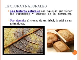 TEXTURAS NATURALES Las texturas naturales   son aquellas que tienen las superficies y cuerpos de la naturaleza. Por ejemplo : el tronco de un árbol, la piel de un animal, etc . 