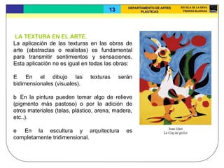 LA TEXTURA EN EL ARTE.  La aplicación de las texturas en las obras de arte (abstractas o realistas) es fundamental para transmitir sentimientos y sensaciones. Esta aplicación no es igual en todas las obras:    En el dibujo las texturas serán bidimensionales (visuales).    En la pintura pueden tomar algo de relieve (pigmento más pastoso) o por la adición de otros materiales (telas, plástico, arena, madera, etc..).    En la escultura y arquitectura es completamente tridimensional.  
