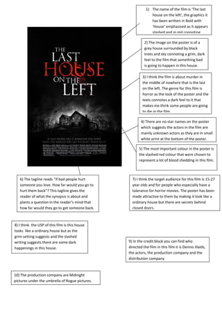 1) The name of the film is ‘The last 
                                                                    house on the left’, the graphics it 
                                                                    has been written in Bold with 
                                                                    ‘House’ emphasised as it appears 
                                                                    slashed and in red connoting

                                                                2) The image on the poster is of a 
                                                                grey house surrounded by black 
                                                                trees and sky connoting a grim, dark 
                                                                feel to the film that something bad 
                                                                is going to happen in this house. 

                                                               3) I think the film is about murder in 
                                                               the middle of nowhere that is the last 
                                                               on the left. The genre for this film is 
                                                               horror as the look of the poster and the 
                                                               texts connotes a dark feel to it that 
                                                               makes me think some people are going 
                                                               to die in the film.

                                                              4) There are no star names on the poster 
                                                              which suggests the actors in the film are 
                                                              mainly unknown actors as they are in small 
                                                              white print at the bottom of the poster.

                                                             5) The most important colour in the poster is 
                                                             the slashed red colour that were chosen to 
                                                             represent a lot of blood shedding in this film. 
                                                   


   6) The tagline reads “if bad people hurt             7) I think the target audience for this film is 15‐27 
   someone you love. How far would you go to            year olds and for people who especially have a 
   hurt them back”? This tagline gives the              tolerance for horror movies. The poster has been 
   reader of what the synopsis is about and             made attractive to them by making it look like a 
   plants a question in the reader’s mind that          ordinary house but there are secrets behind 
   how far would they go to get someone back.           closed doors.



8) I think  the USP of this film is this house 
looks  like a ordinary house but as the 
grim setting suggests and the slashed 
writing suggests there are some dark                  9) In the credit block you can find who 
happenings in this house.                             directed the film in this film it is Dennis Illaids, 
                                                      the actors, the production company and the 
                                                      distribution company 



10) The production company are Midnight 
pictures under the umbrella of Rogue pictures. 
 