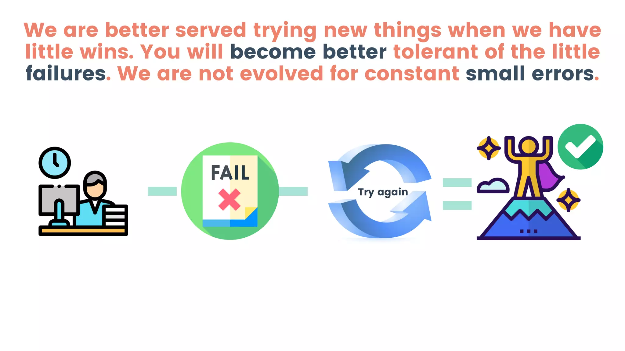 We are better served trying new things when we have
little wins. You will become better tolerant of the little
failures. We are not evolved for constant small errors.
Try again
 
