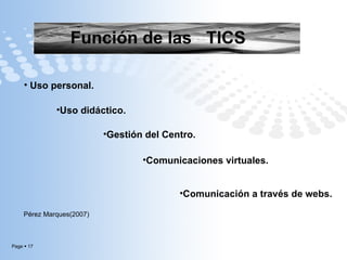 Función de las  TICS   Uso personal.   Uso didáctico. Gestión del Centro. Comunicaciones virtuales. Comunicación a través de webs. Pérez Marques(2007) 