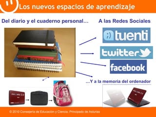 Los nuevos espacios de aprendizaje © 2010 Consejería de Educación y Ciencia. Principado de Asturias Del diario y el cuaderno personal… A las Redes Sociales … Y a la memoria del ordenador 