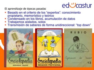 El aprendizaje de épocas pasadas Basado en el criterio de los “expertos”: conocimiento propietario, memorístico y teórico Condensado en los libros, acumulación de datos Trabajamos aislados, solos Transmisión de saberes de forma unidireccional: “top down” 