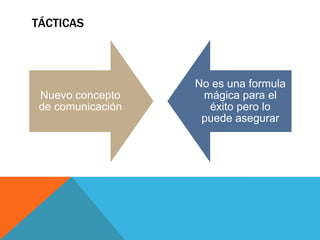 TÁCTICAS



                   No es una formula
 Nuevo concepto     mágica para el
 de comunicación     éxito pero lo
                    puede asegurar
 