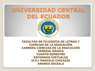UNIVERSIDAD CENTRAL
DEL ECUADOR
FACULTAD DE FILOSOFIA DE LETRAS Y
CIENCIAS DE LA EDUCACIÓN
CARRERA CIENCIAS DE LA EDUCACIÓN
GENERAL BÁSICA
CUARTO SEMESTRE
ENTORNOS VIRTUALES
M.S.c MARCELO CHICAIZA
ANDREA ARIZALA
 