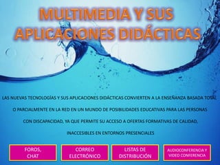 LAS NUEVAS TECNOLOGÍAS Y SUS APLICACIONES DIDÁCTICAS CONVIERTEN A LA ENSEÑANZA BASADA TOTAL
O PARCIALMENTE EN LA RED EN UN MUNDO DE POSIBILIDADES EDUCATIVAS PARA LAS PERSONAS
CON DISCAPACIDAD, YA QUE PERMITE SU ACCESO A OFERTAS FORMATIVAS DE CALIDAD,
INACCESIBLES EN ENTORNOS PRESENCIALES
FOROS,
CHAT
CORREO
ELECTRÓNICO
LISTAS DE
DISTRIBUCIÓN
AUDIOCONFERENCIA Y
VIDEO CONFERENCIA
 