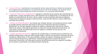  Costos de Ventas: representan la acumulación de los costos directos e indirectos necesarios
en la elaboración de productos y/o prestación de los servicios vendidos, de acuerdo con la
actividad social desarrollada por el ente económico, en un período determinado.
 Costos de Producción o de Operación: Agrupa el conjunto de las cuentas que representan las
erogaciones y cargos asociados clara y directamente con la elaboración o la producción de los
bienes o la prestación de servicios, de los cuales un ente económico obtiene sus ingresos.
Comprende los siguientes grupos: materia prima, mano de obra directa, costos indirectos y
contratos de servicios.
 Cuentas de Orden Deudoras: las cuentas que reflejan hechos o circunstancias de los cuales
se pueden generar derechos afectando la estructura financiera del ente económico.
Igualmente, se incluyen aquellas cuentas de registro utilizadas para efectos del control
interno de activos, información gerencial o control de futuras situaciones financieras, así
como para conciliar las diferencias entre los registros contables de los activos y las
declaraciones tributarias.
 Cuentas de Orden Acreedoras: registran los compromisos o contratos que se relacionan con
posibles obligaciones y que por tanto puedan llegar a afectar la estructura financiera del ente
económico. Igualmente, se incluyen aquellas cuentas de registro utilizadas para efectos de
control interno de pasivos y patrimonio, información gerencial o control de futuras
situaciones financieras, así como para conciliar las diferencias entre los registros contables
de los pasivos y patrimonio y las declaraciones tributarias.
 