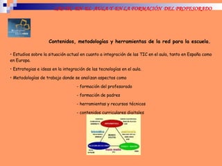 LAS TIC  EN  EL  AULA Y  EN LA FORMACIÓN  DEL PROFESORADO Contenidos, metodologías y herramientas de la red para la escuela. Estudios sobre la situación actual en cuanto a integración de las TIC en el aula, tanto en España como en Europa. Estrategias e ideas en la integración de las tecnologías en el aula. Metodologías de trabajo donde se analizan aspectos como - formación del profesorado - formación de padres - herramientas y recursos técnicos - contenidos curriculares digitales  