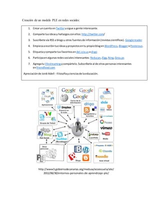 Creación de un modelo PLE en redes sociales:
1. Crear uncuenta en Twitterysigue a gente interesante.
2. Comparte tusideasy hallazgosconellos: http://twitter.com/
3. Suscríbete vía RSS a blogsu otras fuentesde información(revistascientíficas). Googlereader
4. Empiezaa escribirtusideasyproyectosentu propioblogen WordPress,BloggeroPosterous.
5. Etiquetaycomparte tus favoritosen del.icio.us odiigo
6. Participaenalgunasredessocialesinteresantes: Reducan,Elgg,Ning,Grou.ps
7. Agregatu lifestreamingycompártelo.Subscríbete al de otraspersonasinteresantes
enfriendfeed.com
Apreciaciónde Jordi Adell - Filosofiaycienciasde laeducación.
http://www3.gobiernodecanarias.org/medusa/ecoescuela/ate/
2011/06/30/entornos-personales-de-aprendizaje-ple/
 