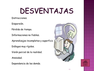 Distracciones.

Dispersión.

Pérdida de tiempo.

Informaciones no fiables.

Aprendizajes incompletos y superficiales.

Diálogos muy rígidos.

Visión parcial de la realidad.

Ansiedad.

Dependencia de los demás.

                                            11
 
