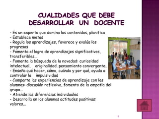 - Es un experto que domina los contenidos, planifica
- Establece metas
- Regula los aprendizajes, favorece y evalúa los
progresos
- Fomenta el logro de aprendizajes significativos,
transferibles...
- Fomenta la búsqueda de la novedad: curiosidad
intelectual, originalidad. pensamiento convergente..
- Enseña qué hacer, cómo, cuándo y por qué, ayuda a
controlar la impulsividad
- Comparte las experiencias de aprendizaje con los
alumnos: discusión reflexiva, fomento de la empatía del
grupo...
- Atiende las diferencias individuales
- Desarrolla en los alumnos actitudes positivas:
valores...


                                                          9
 