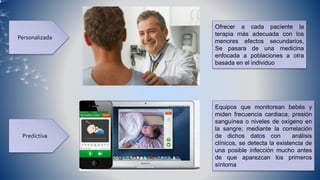 Personalizada
Predictiva
Ofrecer a cada paciente la
terapia más adecuada con los
menores efectos secundarios,
Se pasara de una medicina
enfocada a poblaciones a otra
basada en el individuo
Equipos que monitorean bebés y
miden frecuencia cardiaca, presión
sanguínea o niveles de oxígeno en
la sangre; mediante la correlación
de dichos datos con análisis
clínicos, se detecta la existencia de
una posible infección mucho antes
de que aparezcan los primeros
síntoma
 