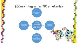 ¿Cómo integrar las TIC en el aula?
COMO
INTEGRAR
LAS TIC’S
EN EL AULA
Promover usos
innovadores dentro de
las escuelas.
Se deberá enfatizar la
comprensión del
conocimiento,
aplicando a problemas
del mundo real.
El docente debe
mejorar las
oportunidades de
aprender
SIGNIFICATIVAMENTE,
es decir con proyectos
colectivos con la
utilización de las TIC
Habilitar un espacio
(físico o virtual) y
temporal donde el
profesorado puede
formarse e
intercambiar
experiencias.
 