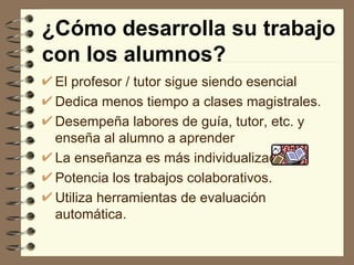 ¿Cómo desarrolla su trabajo
con los alumnos?
 El profesor / tutor sigue siendo esencial
 Dedica menos tiempo a clases magistrales.
 Desempeña labores de guía, tutor, etc. y
 enseña al alumno a aprender
 La enseñanza es más individualizada.
 Potencia los trabajos colaborativos.
 Utiliza herramientas de evaluación
 automática.
 