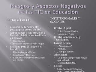 PEDAGÓGICOS
INSTITUCIONALES Y
SOCIALES
 Carencia de fundamentos
pedagógicos en uso de TIC.
 ¿Abundancia de Información o
Falta de Habilidades Analíticas
y Críticas?
 Orientación.
 Selección imparcial y sin sesgos.
 Facilidad para el Plagio y el
Fraude.
 Estrategias para Evitar.
 Estrategias y Detectar.
 Etica, autoestima y socialización
del trabajo.
 Brecha Digital.
 Entre Comunidades.
 Dentro del Aula.
 Brecha Generacional y
Tecnológica.
 Exceso de uso:
 ¿Aislamiento?
 Postura.
 ¿Por qué ocurre?
 Alienación.
 Lo global siempre será mayor
que lo local.
 Multiculturalidad.
 Costos.
 Soporte, mantenimiento,
reinversión y actualización.
 
