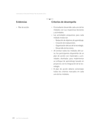 Las tic en la educación24
Licenciatura en Educación Primaria. Plan de estudios 2012
•	 El estudiante desarrolla cada uno de los
módulos con sus respectivas lecciones
y actividades.
•	 Las actividades propuestas para cada
módulo involucran:
-	 Redacción de objetivos de aprendizaje.
-	 Creación de evaluaciones.
-	 Organización del uso de la tecnología.
-	 Desarrollo de lecciones.
•	 Al concluir todos los módulos del cur-
so, los participantes dispondrán de un
plan de acción con materiales y acti-
vidades diseñadas para implementar
un enfoque de aprendizaje basado en
proyectos con la integración de la tec-
nología.
•	 El plan de acción deberá contemplar
todos los criterios marcados en cada
uno de los módulos.
Evidencias
•	 Plan de acción.
Criterios de desempeño
 