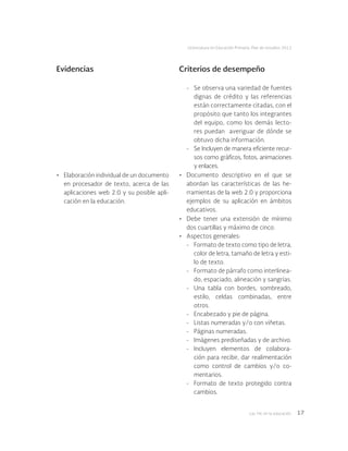 Las tic en la educación 17
Licenciatura en Educación Primaria. Plan de estudios 2012
-	 Se observa una variedad de fuentes
dignas de crédito y las referencias
están correctamente citadas, con el
propósito que tanto los integrantes
del equipo, como los demás lecto-
res puedan averiguar de dónde se
obtuvo dicha información.
-	 Se Incluyen de manera eficiente recur-
sos como gráficos, fotos, animaciones
y enlaces.
•	 Documento descriptivo en el que se
abordan las características de las he-
rramientas de la web 2.0 y proporciona
ejemplos de su aplicación en ámbitos
educativos.
•	 Debe tener una extensión de mínimo
dos cuartillas y máximo de cinco.
•	 Aspectos generales:
-	 Formato de texto como tipo de letra,
color de letra, tamaño de letra y esti-
lo de texto.
-	 Formato de párrafo como interlinea-
do, espaciado, alineación y sangrías.
-	 Una tabla con bordes, sombreado,
estilo, celdas combinadas, entre
otros.
-	 Encabezado y pie de página.
-	 Listas numeradas y/o con viñetas.
-	 Páginas numeradas.
-	 Imágenes prediseñadas y de archivo.
-	Incluyen elementos de colabora-
ción para recibir, dar realimentación
como control de cambios y/o co-
mentarios.
-	 Formato de texto protegido contra
cambios.
•	 Elaboración individual de un documento
en procesador de texto, acerca de las
aplicaciones web 2.0 y su posible apli-
cación en la educación.
Evidencias Criterios de desempeño
 