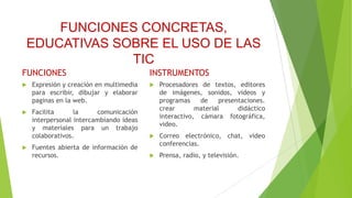 FUNCIONES CONCRETAS,
EDUCATIVAS SOBRE EL USO DE LAS
TIC
FUNCIONES


Expresión y creación en multimedia
para escribir, dibujar y elaborar
paginas en la web.





INSTRUMENTOS


Facilita
la
comunicación
interpersonal intercambiando ideas
y materiales para un trabajo
colaborativos.

Procesadores de textos, editores
de imágenes, sonidos, videos y
programas
de
presentaciones.
crear
material
didáctico
interactivo, cámara fotográfica,
video.



Fuentes abierta de información de
recursos.

Correo electrónico, chat, video
conferencias.



Prensa, radio, y televisión.

 