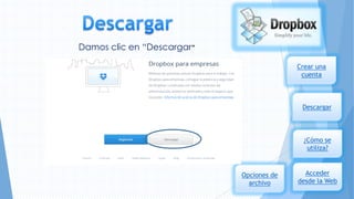 Damos clic en “Descargar”
Crear una
cuenta

Descargar

¿Cómo se
utiliza?

Opciones de
archivo

Acceder
desde la Web

 