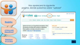Nos aparecera la siguiente
pagina, donde pulsamos sobre “upload”

Registro

¿Cómo subir
dispositivas?

SlideShare
en un blog

 